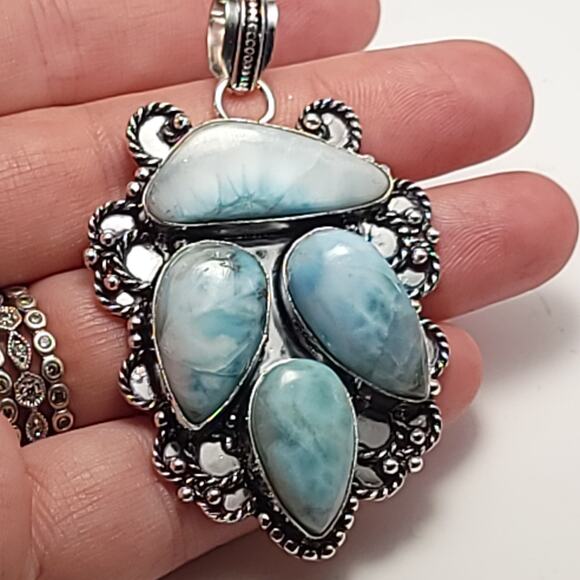 Quad Stone Larimar Sterling Pendant (2") on 18" Necklace - Picture 8 of 8